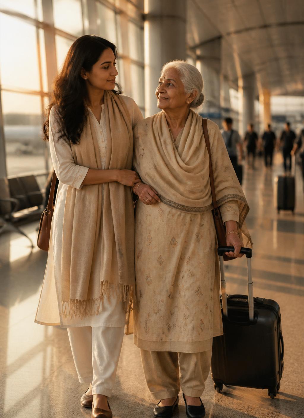 An adult daughter walking beside her elderly mother through an airport terminal at golden hour